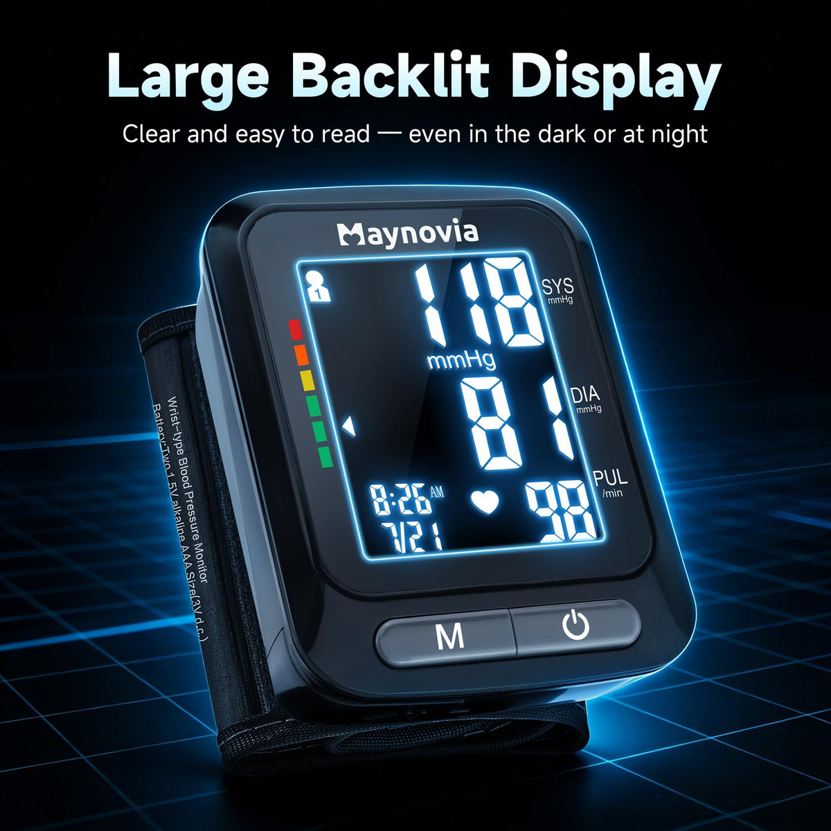 Wrist Blood Pressure Monitor, Backlit LCD, 5.3-8.5 in Cuff, Black S18018