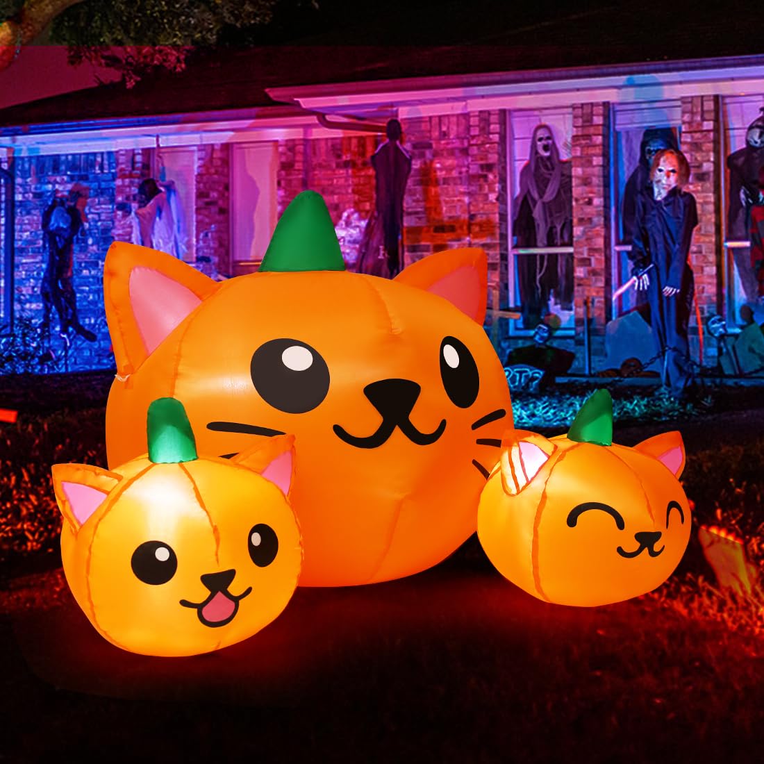 5FT Inflatable Three Pumpkin Cat Head with Built-in LEDs T402