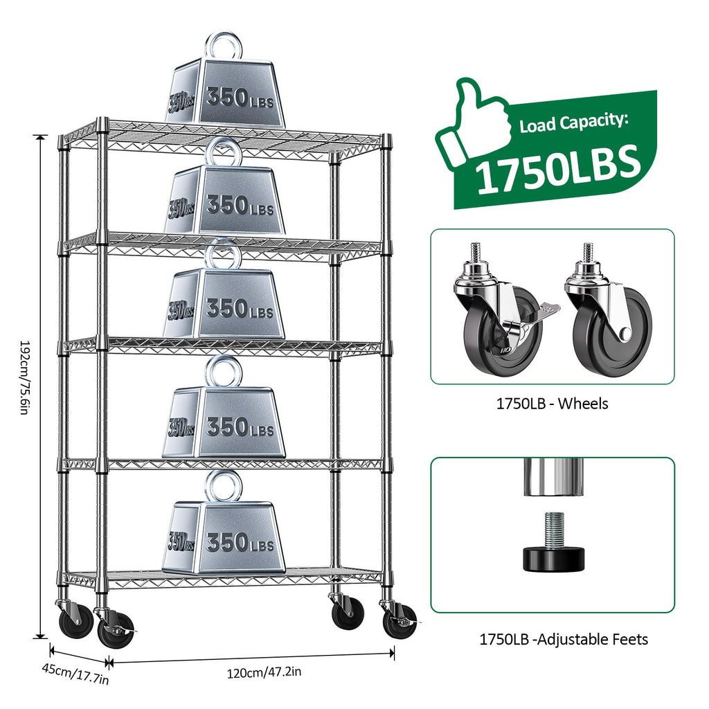 5-Tier Adjustable Steel Wire Shelving Unit with Wheels C7694