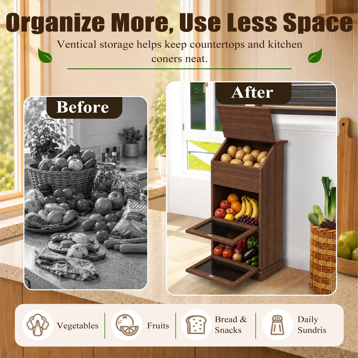 3-Tier Wooden Potato and Onion Storage Bin with Lid C275607