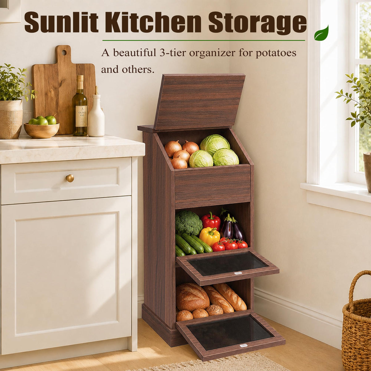3-Tier Wooden Potato and Onion Storage Bin with Lid C275607