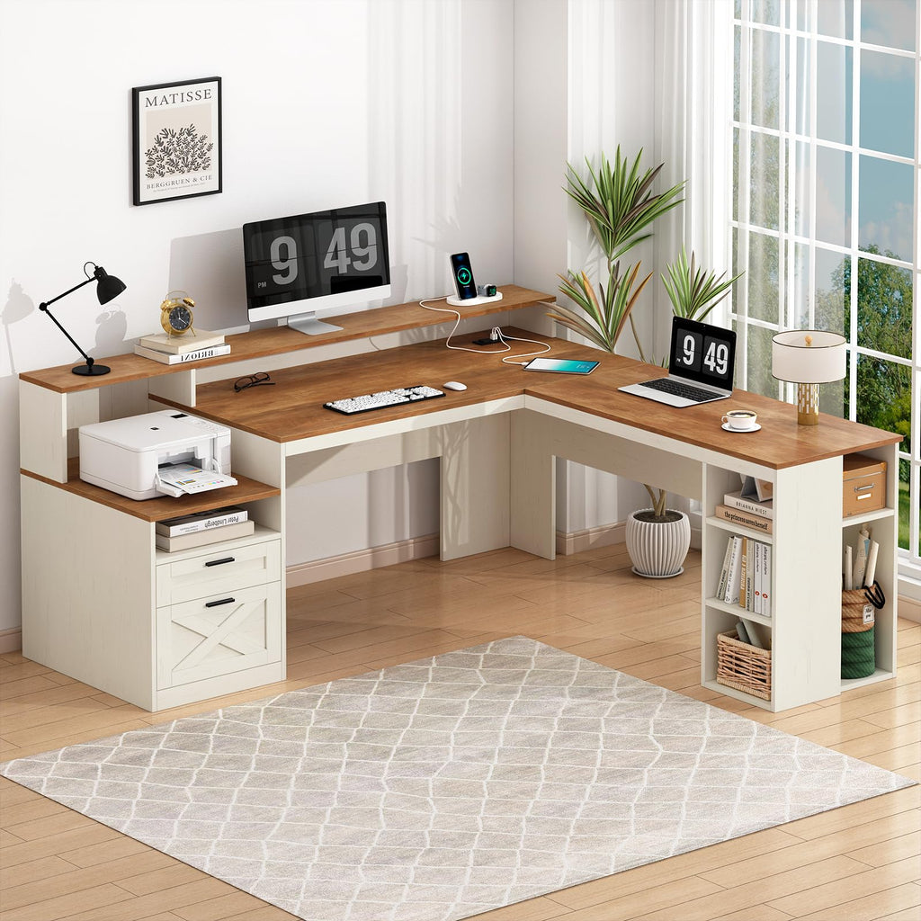 63" L Shaped Desk with Drawers and Storage Shelves L94716