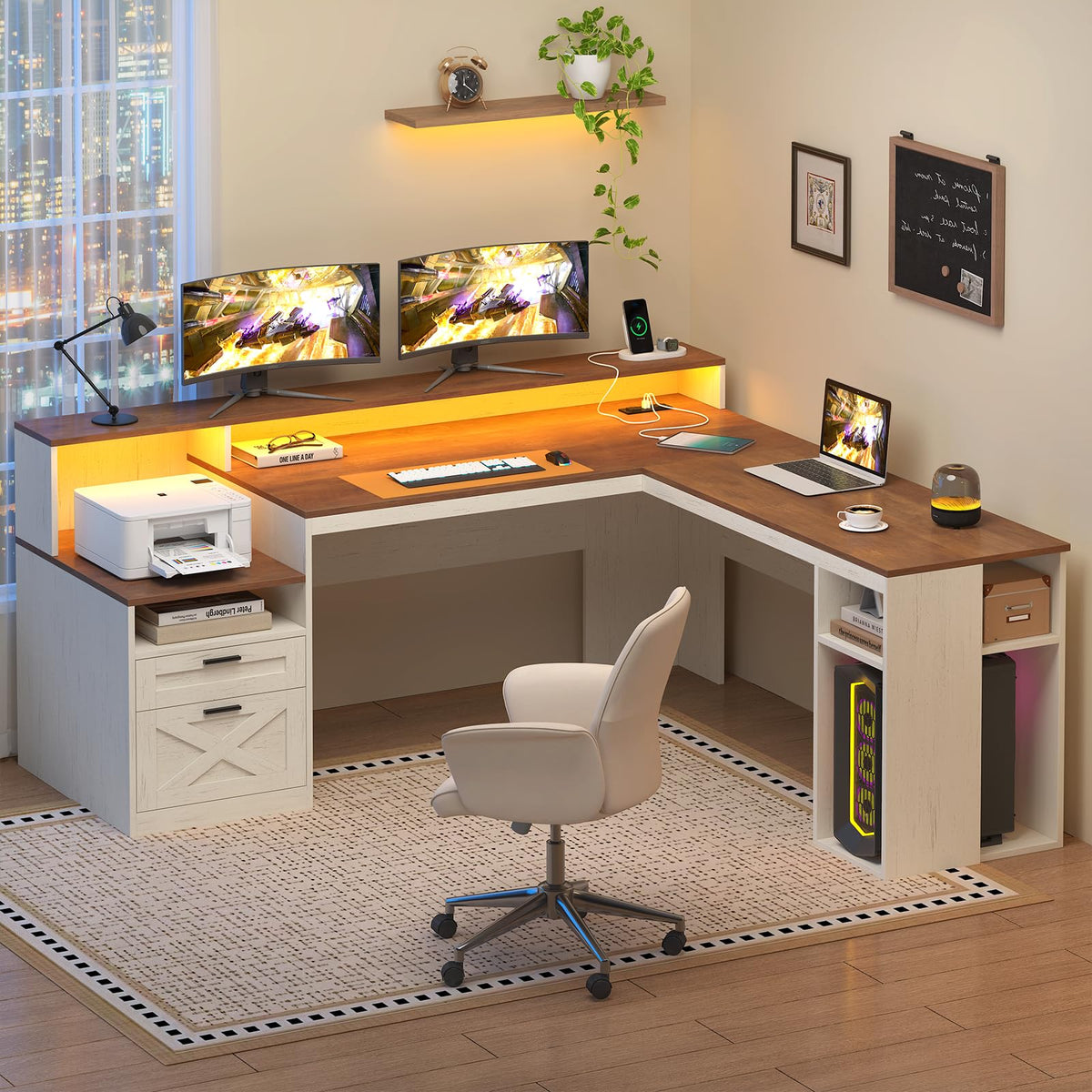 63" L Shaped Desk with Drawers and Storage Shelves L94716