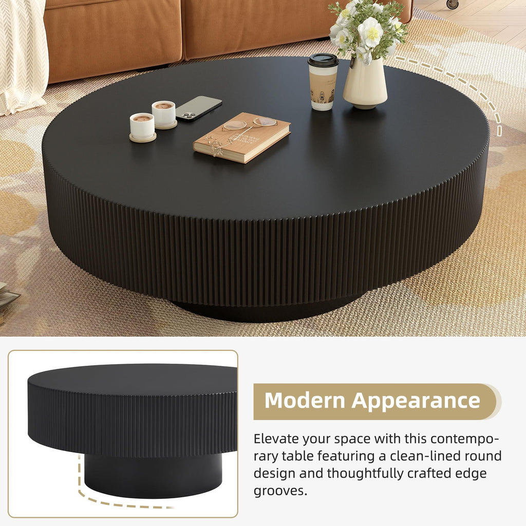 Round Coffee Table, 31.5" Fluted Pedestal Wood Table, Black R47204