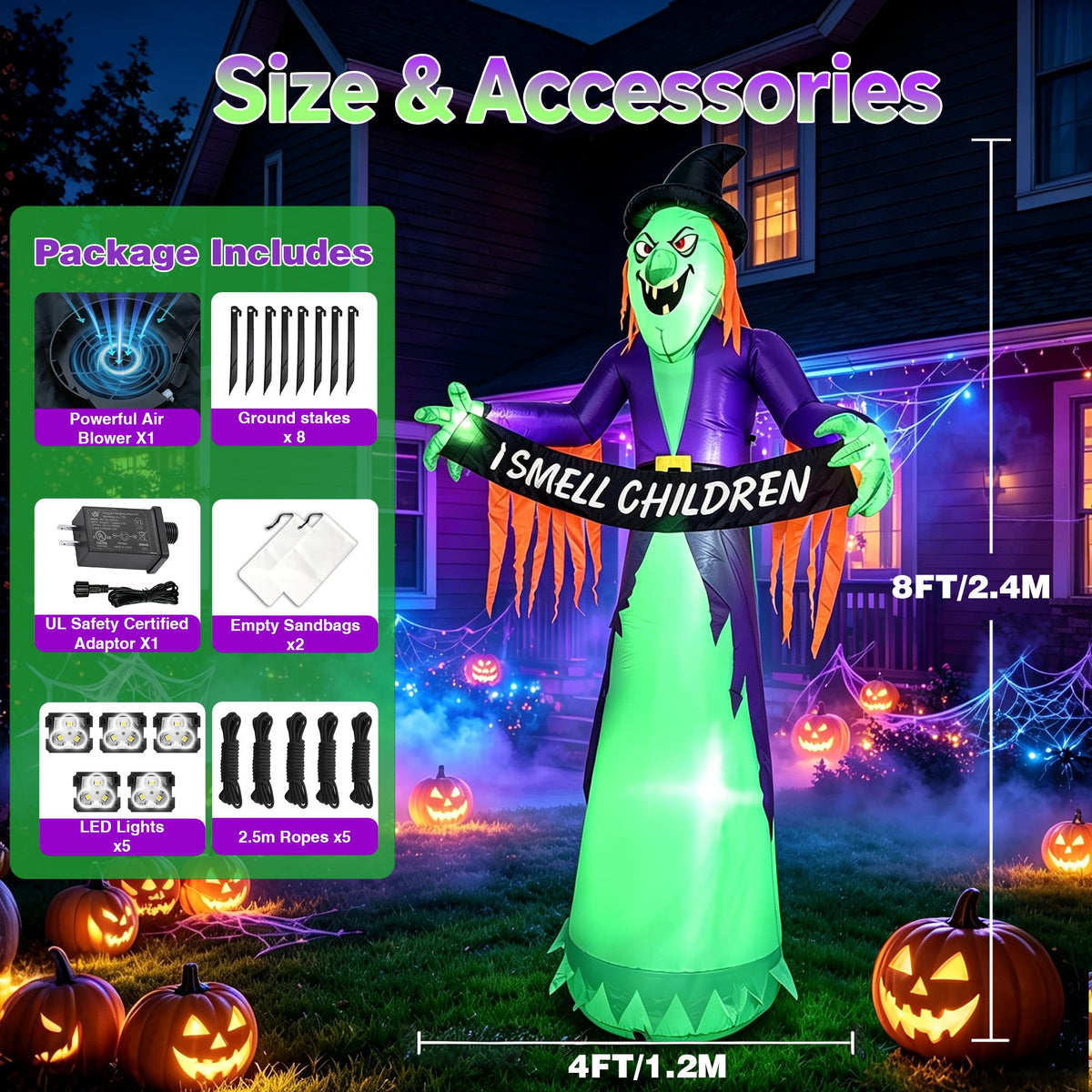 8FT Inflatable Witch Halloween Decoration with Built-in LED Lights B223724