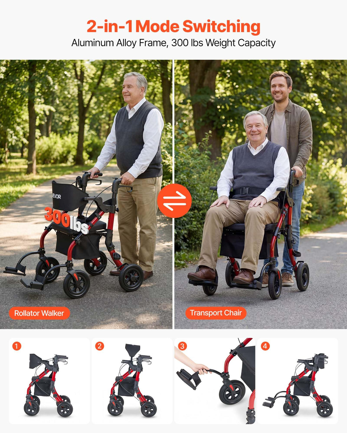 2-in-1 Foldable Aluminum Rollator Walker & Transport Chair R235