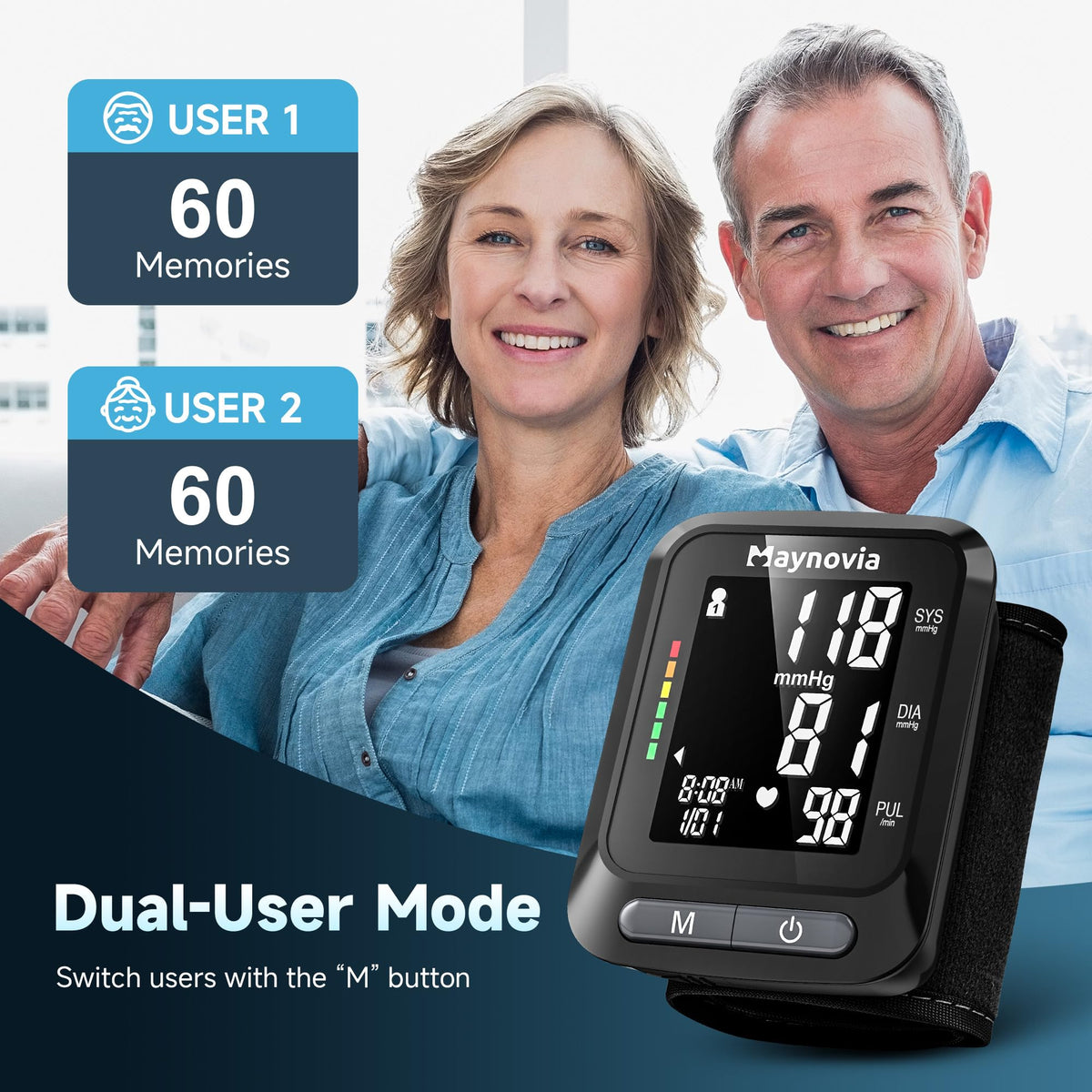 Wrist Blood Pressure Monitor, Backlit LCD, 5.3-8.5 in Cuff, Black S18018