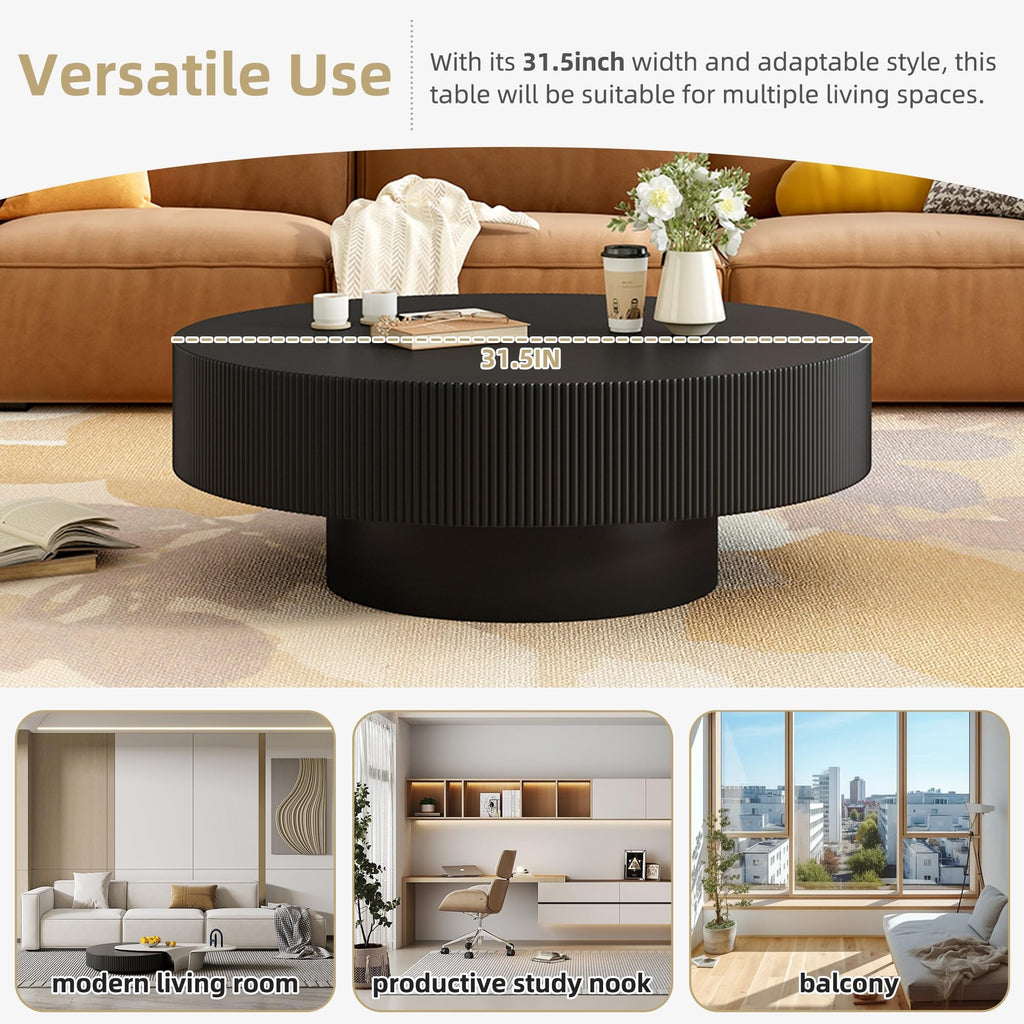 Round Coffee Table, 31.5" Fluted Pedestal Wood Table, Black R47204