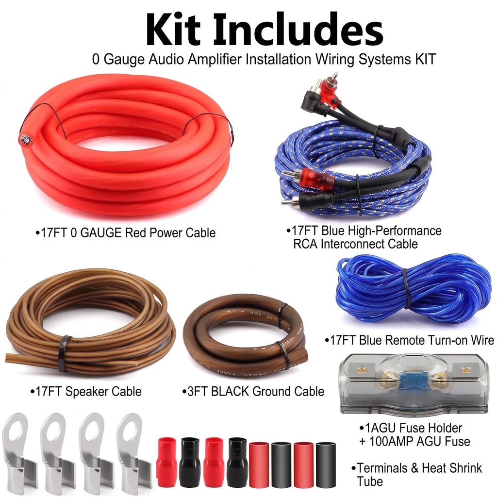 0 Gauge Amp Wiring Kit 3000W with 100A Fuse & RCA Cable T873