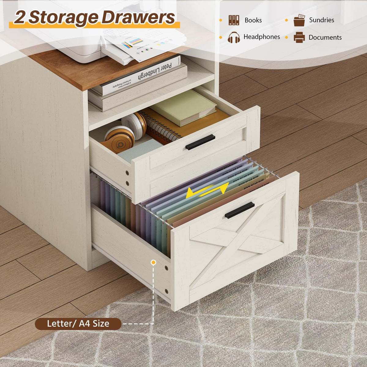 63" L Shaped Desk with Drawers and Storage Shelves L94716