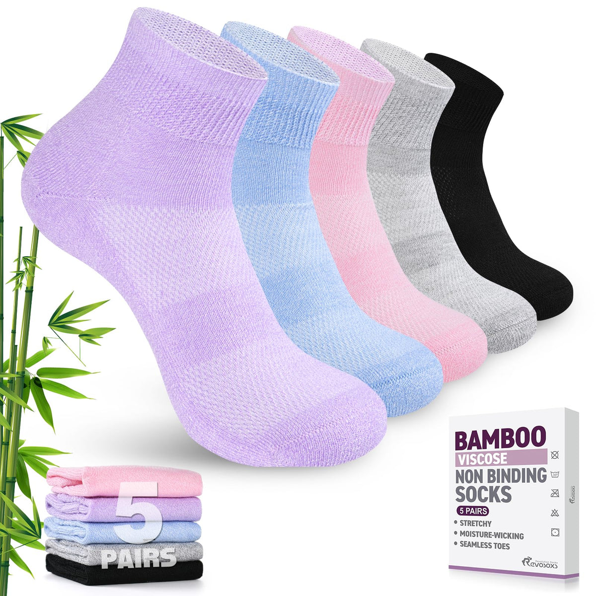 5 Pairs Non Binding Wide Stretchy Ankle Socks L26997