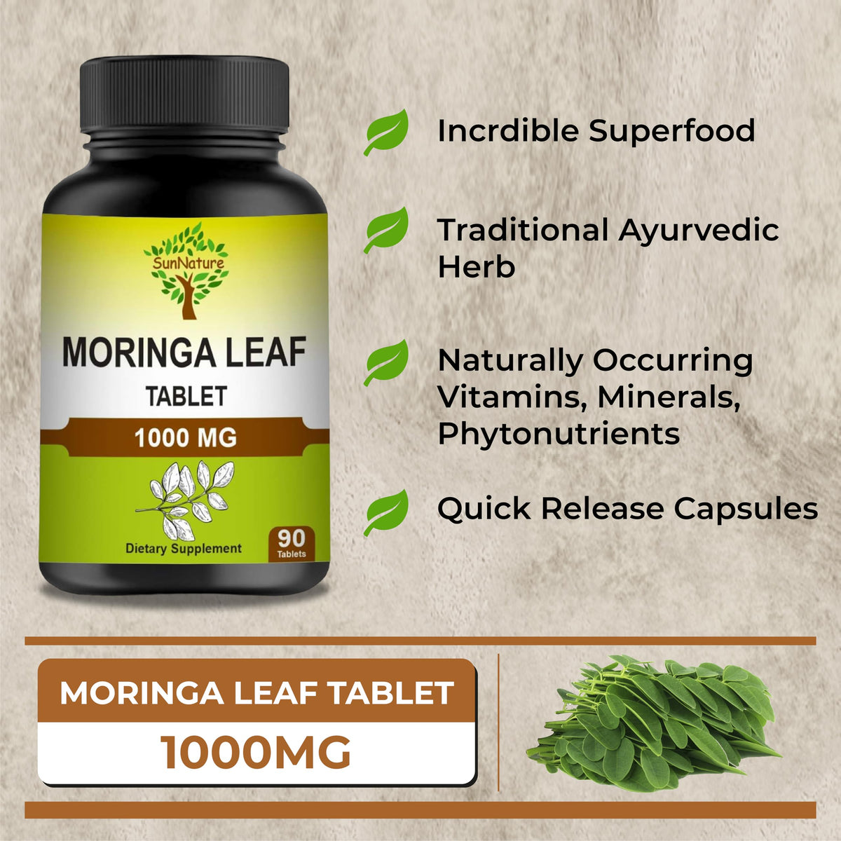1000 mg Moringa Leaf Tablets, 90 Tablets D40131