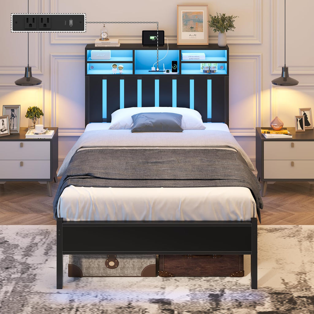 Twin Size Bed Frame with Storage Headboard and LED Lights P786