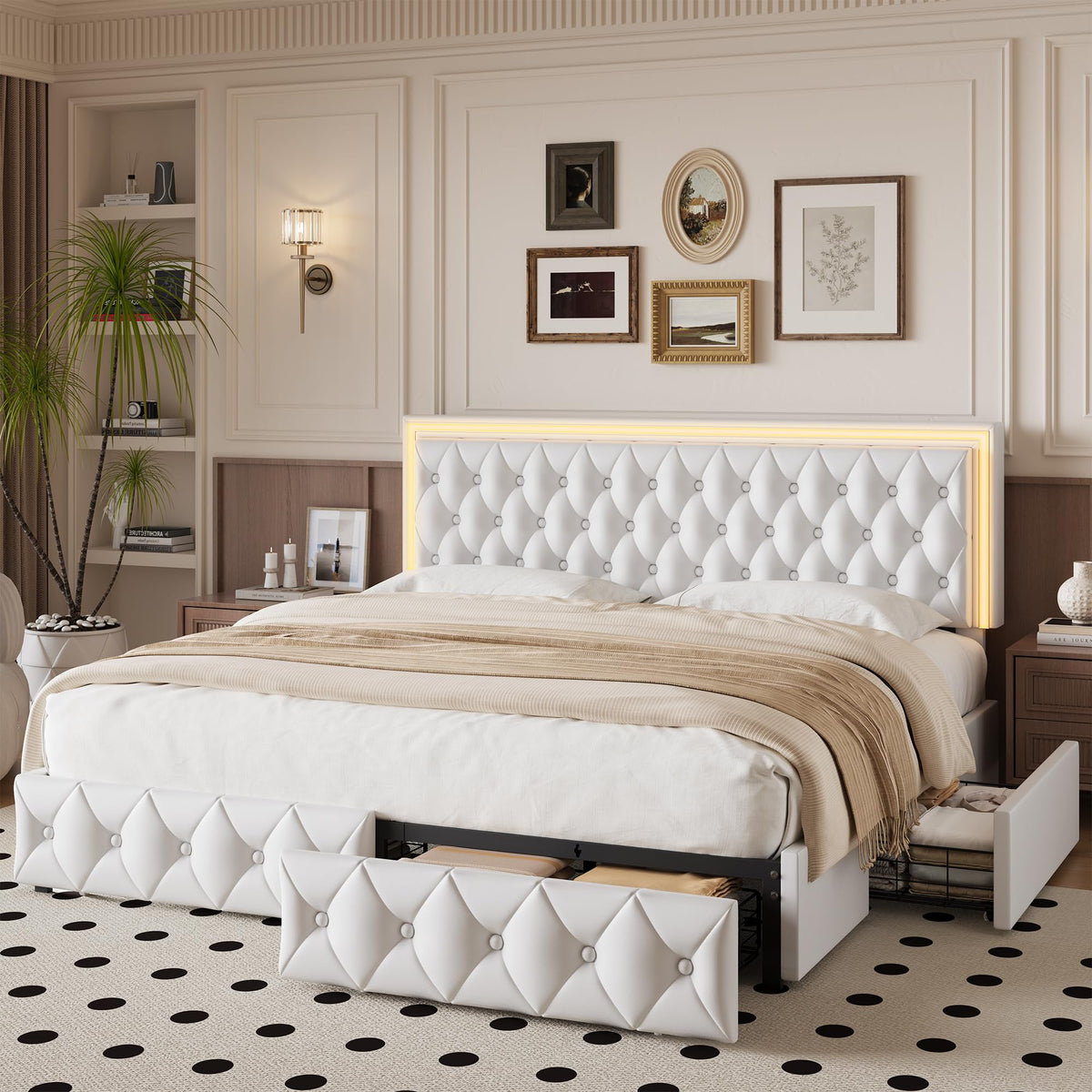White Full Size LED Bed Frame with 4 Storage Drawers and Adjustable Headboard A4045