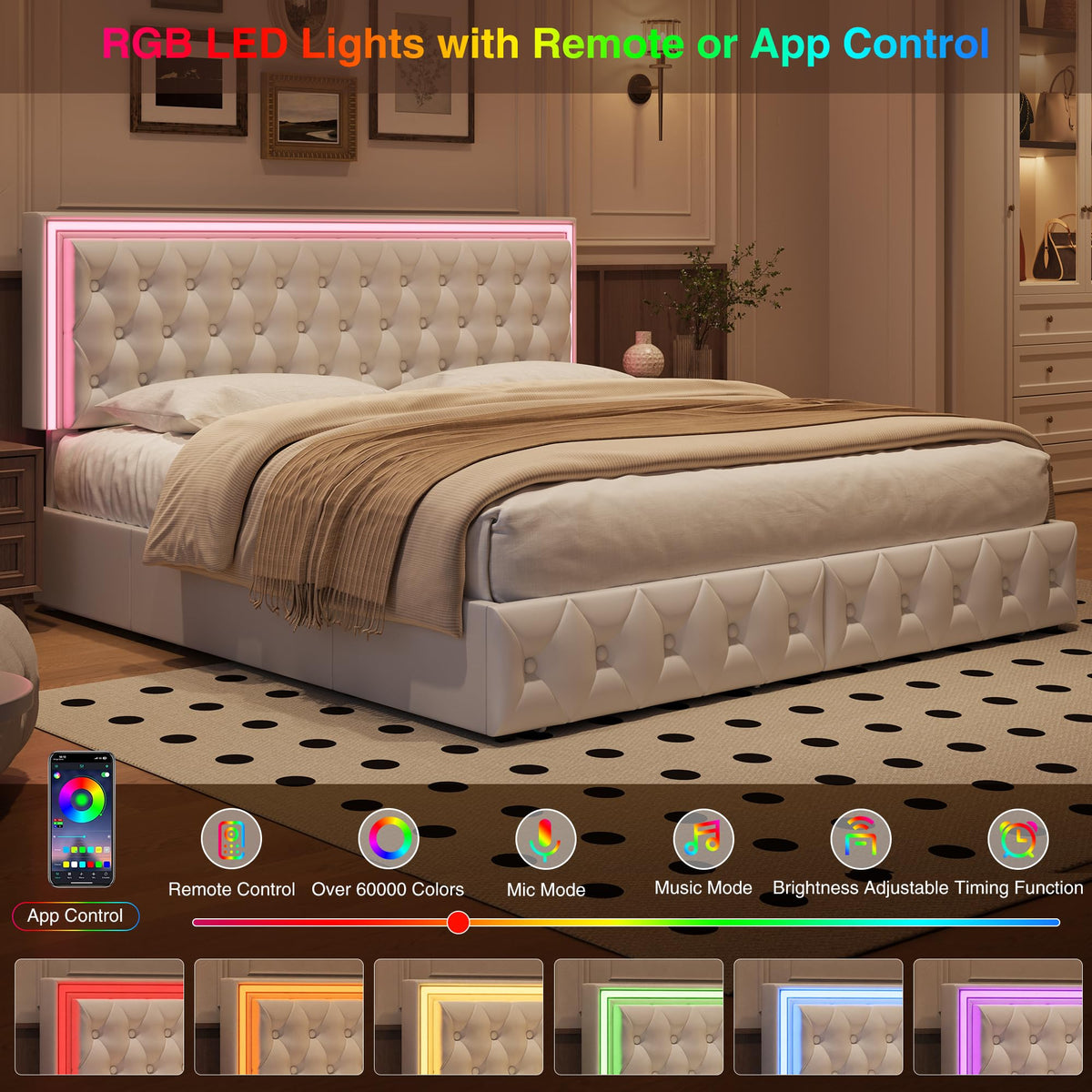 White Full Size LED Bed Frame with 4 Storage Drawers and Adjustable Headboard A4045