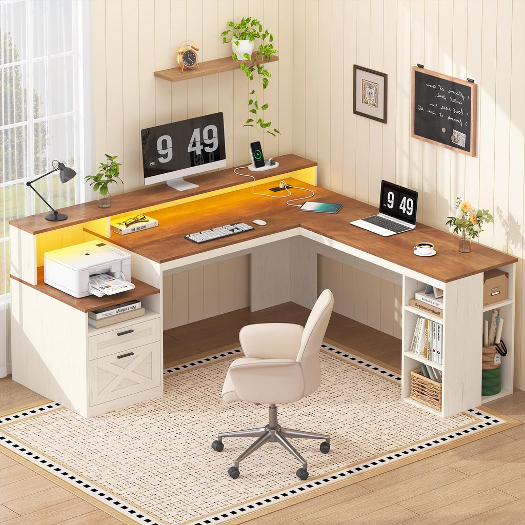 63" L Shaped Desk with Drawers and Storage Shelves L94716