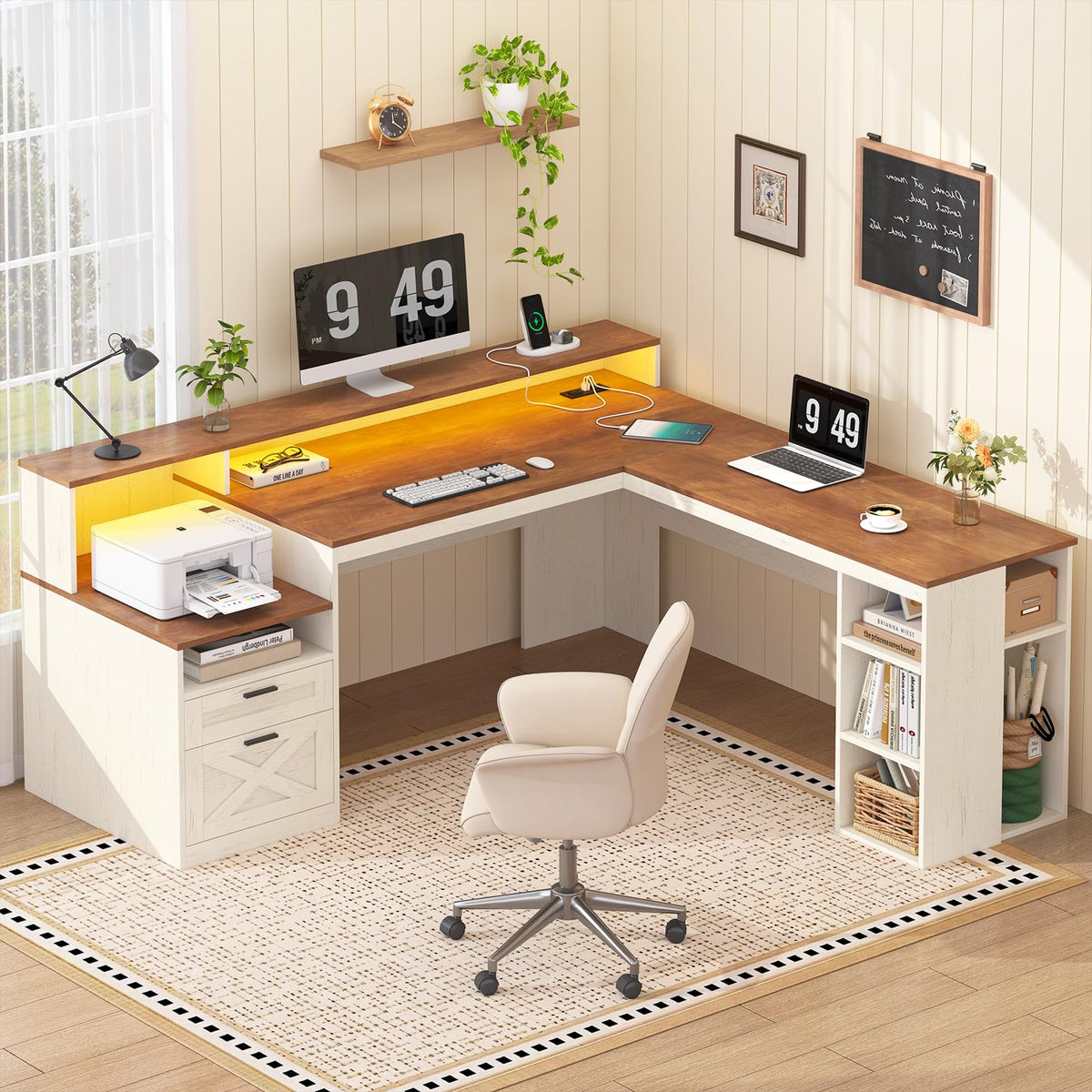 63" L Shaped Desk with Drawers and Storage Shelves L94716