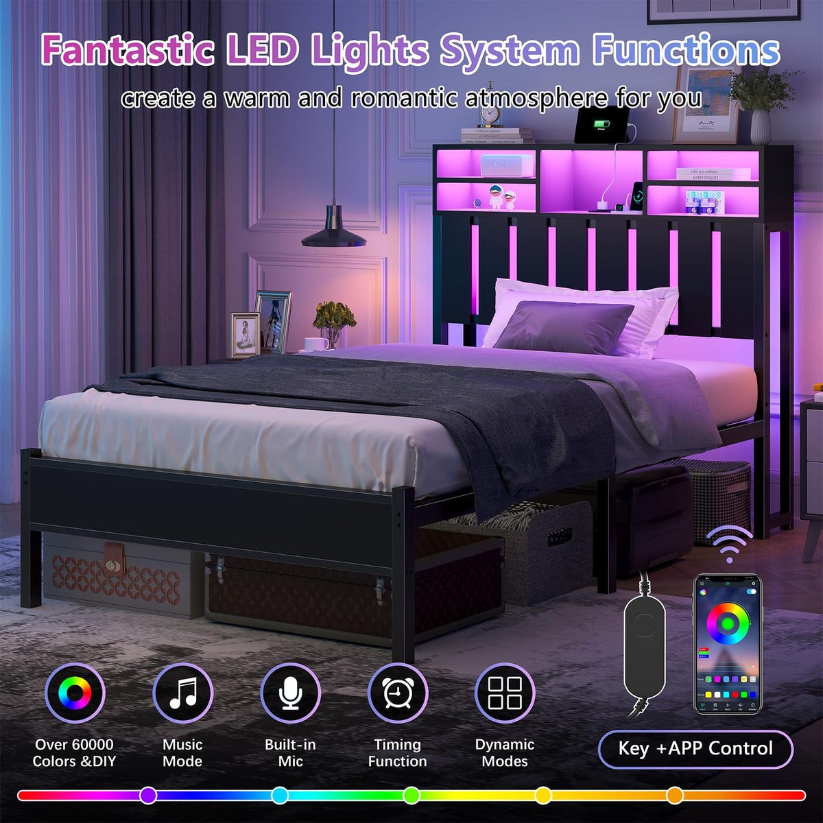 Twin Size Bed Frame with Storage Headboard and LED Lights P786