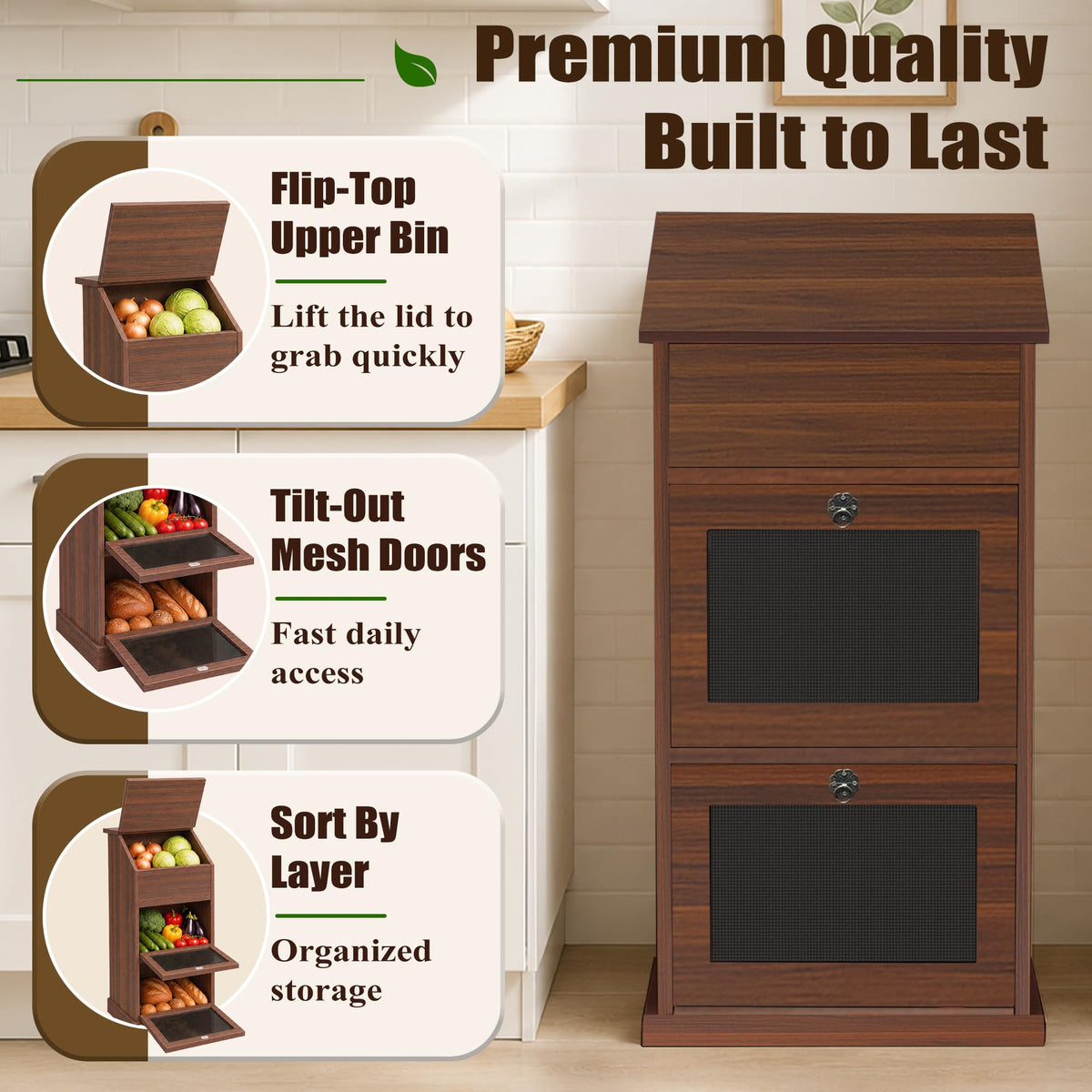 3-Tier Wooden Potato and Onion Storage Bin with Lid C275607