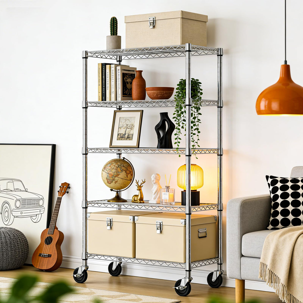 5-Tier Adjustable Steel Wire Shelving Unit with Wheels C7694
