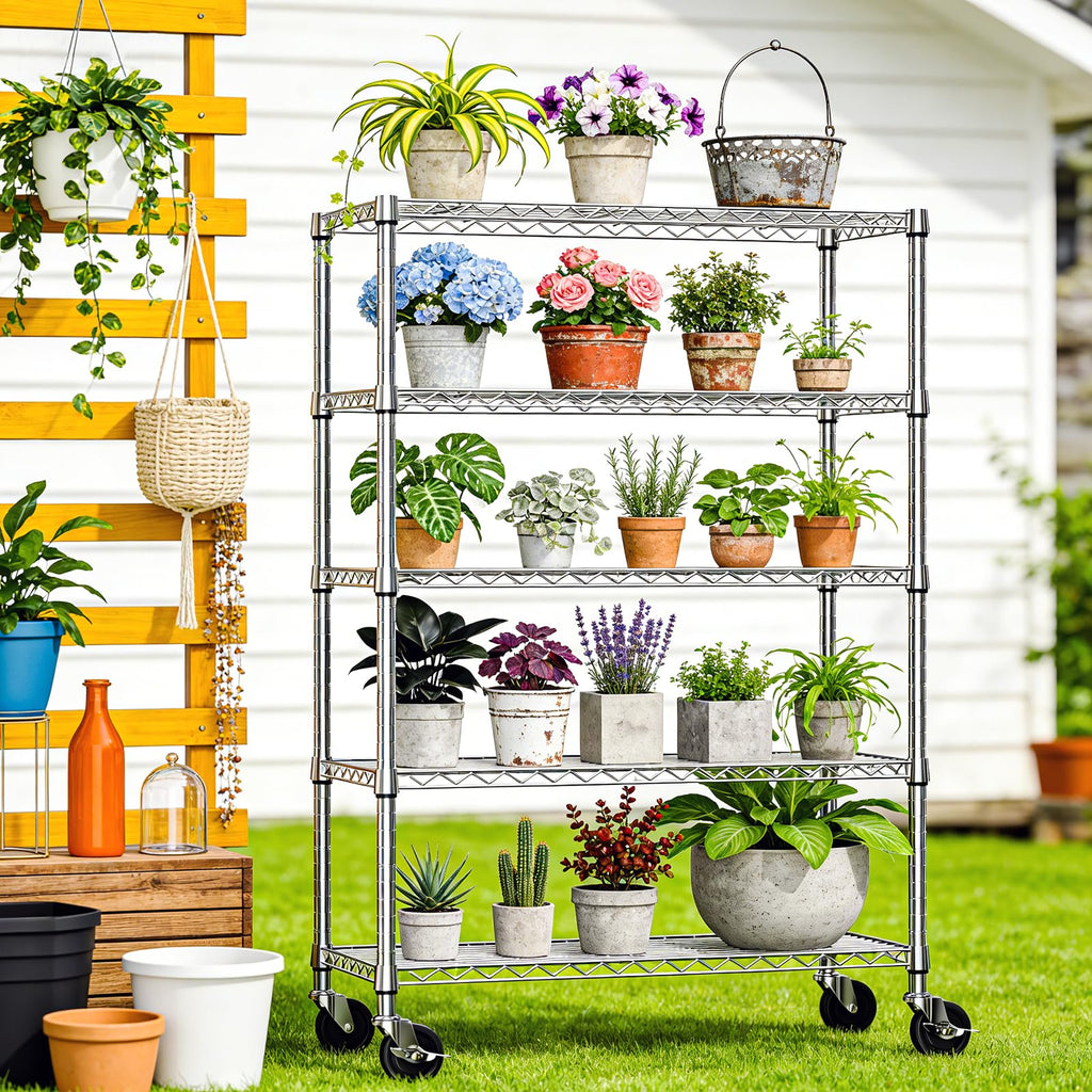 5-Tier Adjustable Steel Wire Shelving Unit with Wheels C7694