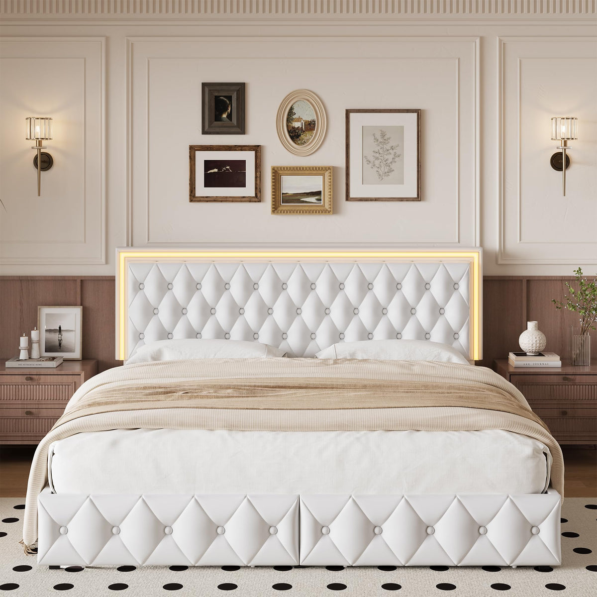 White Full Size LED Bed Frame with 4 Storage Drawers and Adjustable Headboard A4045