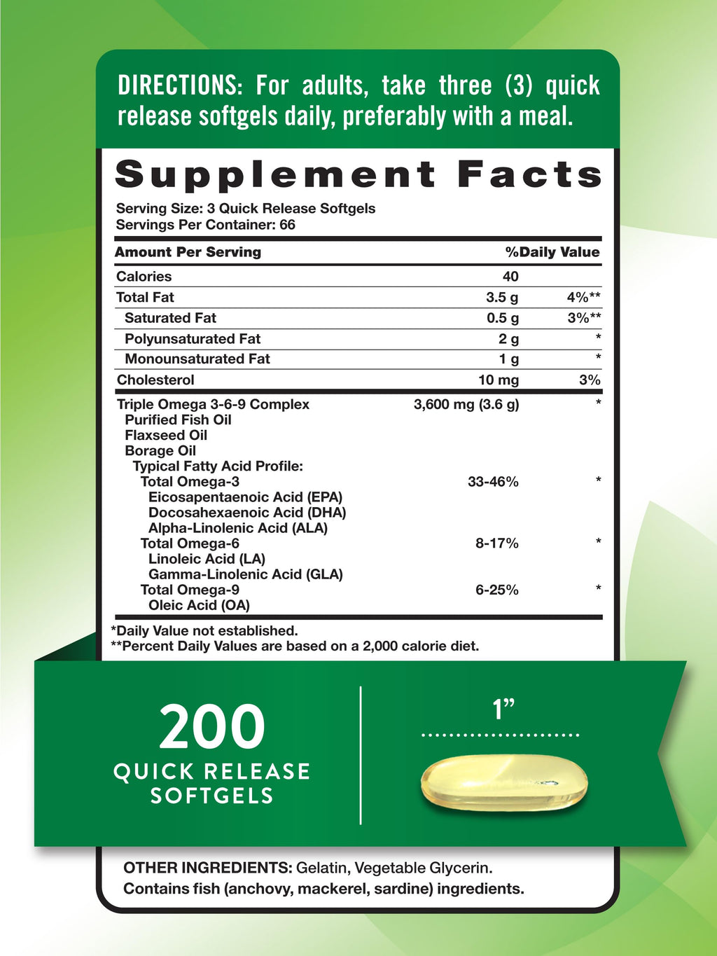 Omega 3 6 9 3600mg 200 Softgels T9989