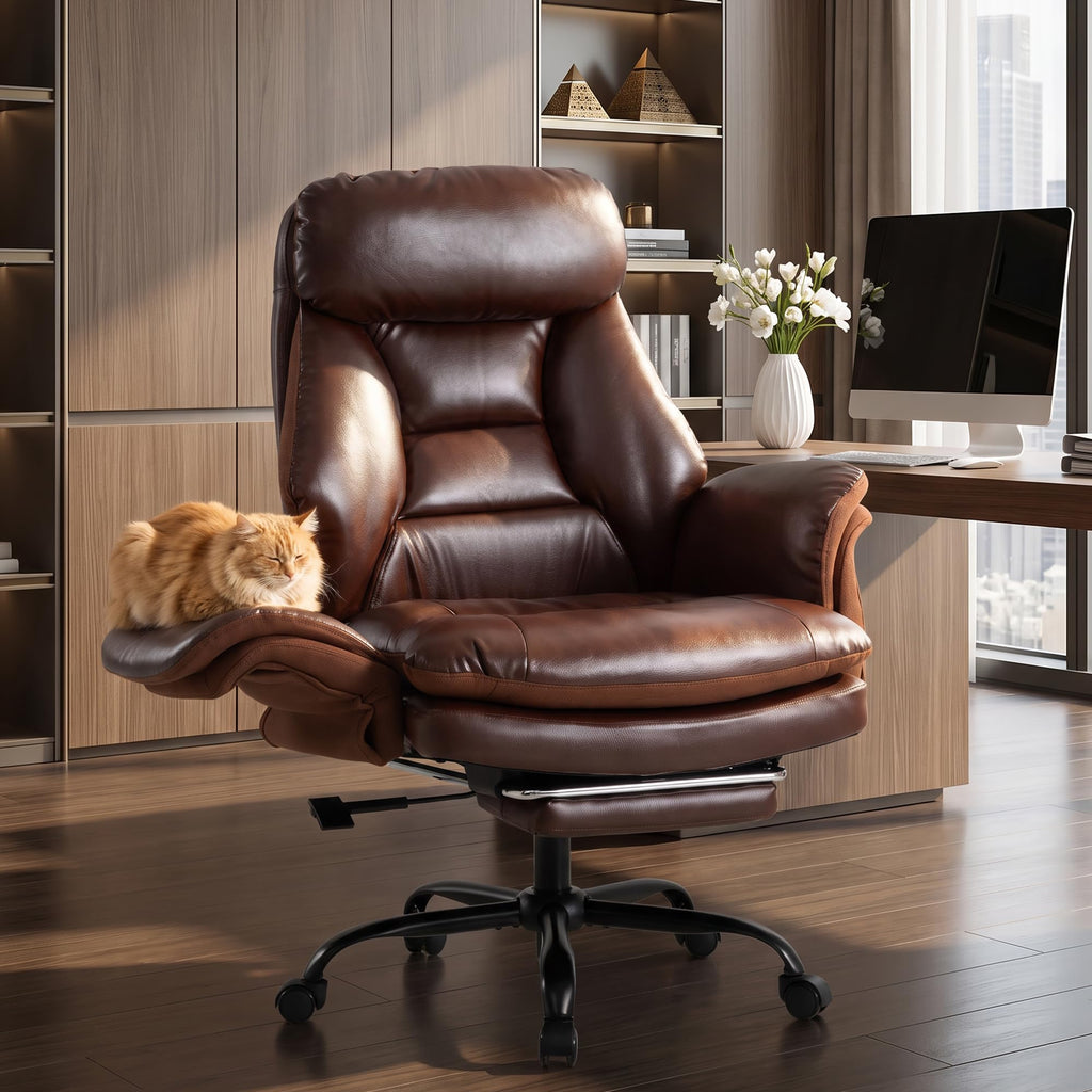 600lbs Big and Tall Brown Leather Office Chair with Footrest H189467
