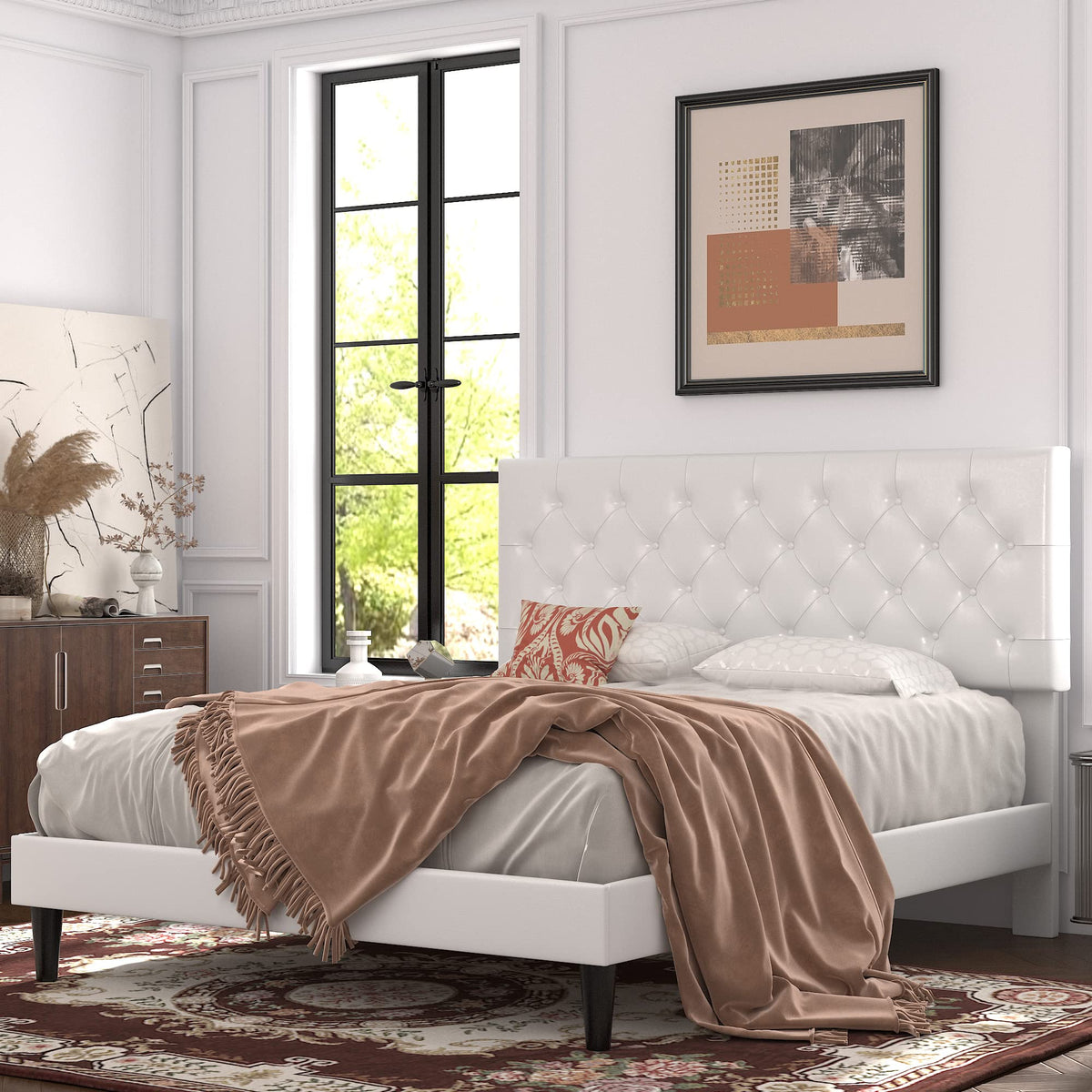 Queen Size Platform Bed Frame with Faux Leather Headboard G680682