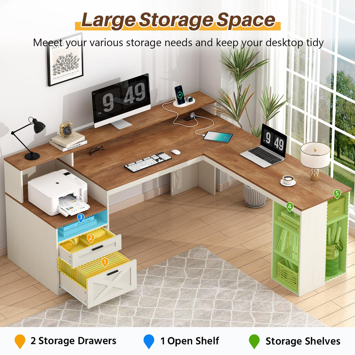 63" L Shaped Desk with Drawers and Storage Shelves L94716