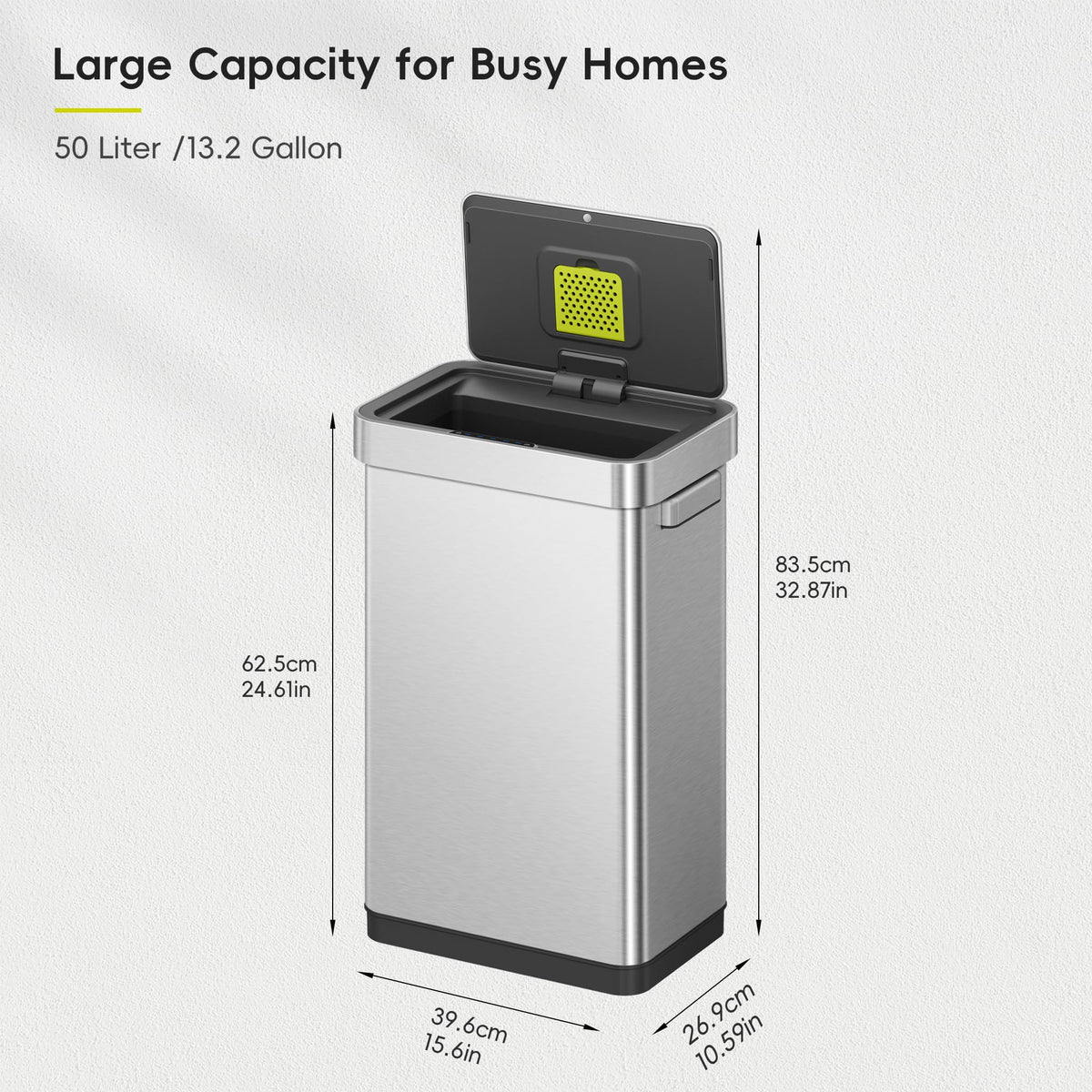 50 Liter Touchless Rectangular Motion Sensor Trash Can, Matte Stainless Steel P82223