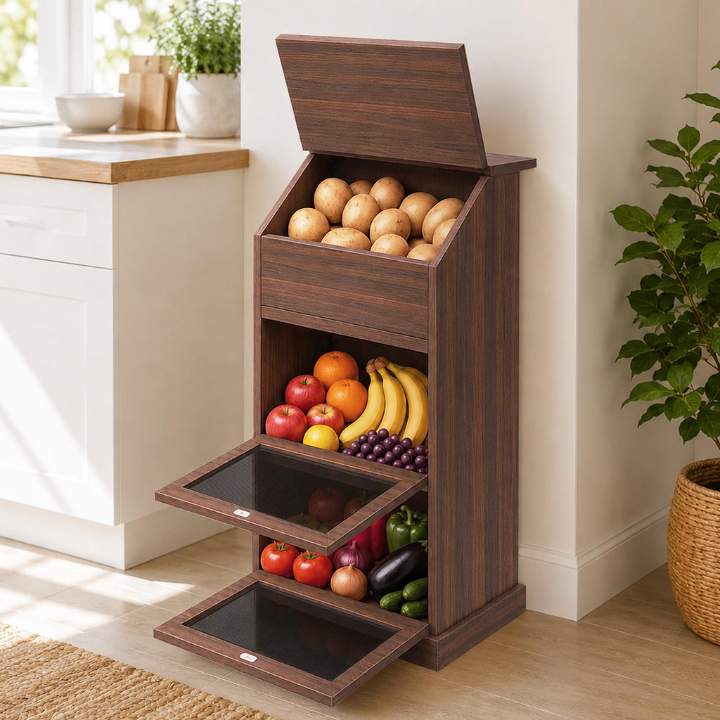 3-Tier Wooden Potato and Onion Storage Bin with Lid C275607