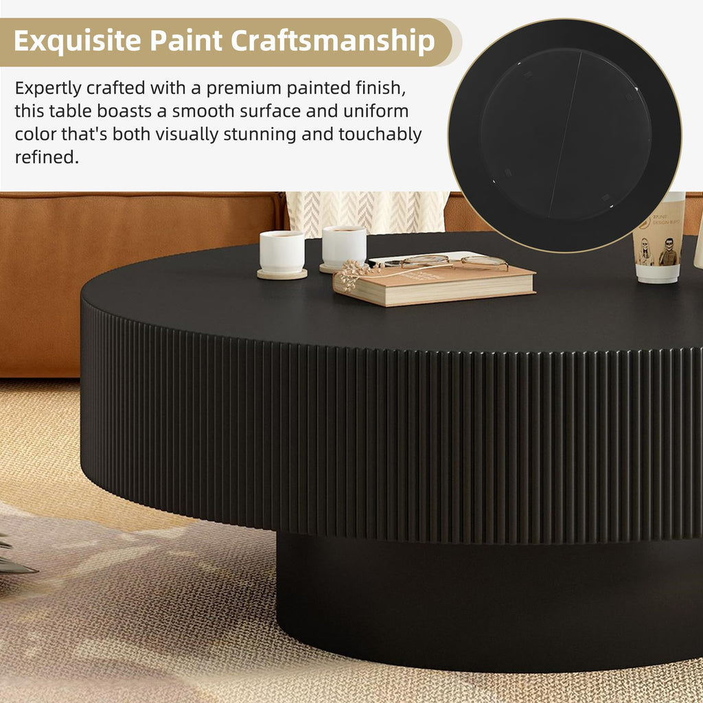 Round Coffee Table, 31.5" Fluted Pedestal Wood Table, Black R47204