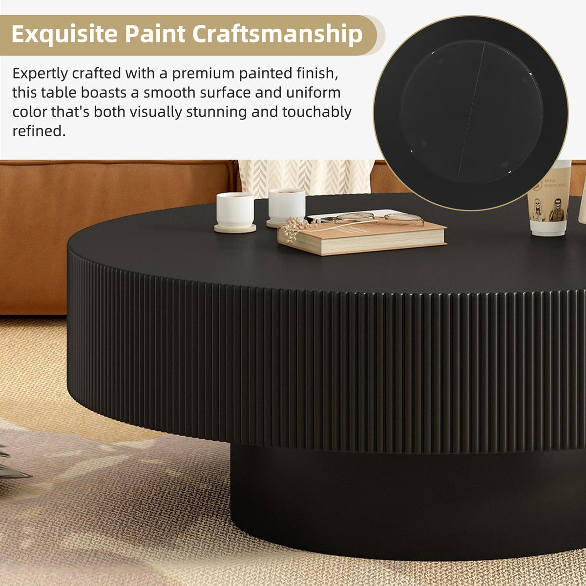 Round Coffee Table, 31.5" Fluted Pedestal Wood Table, Black R47204