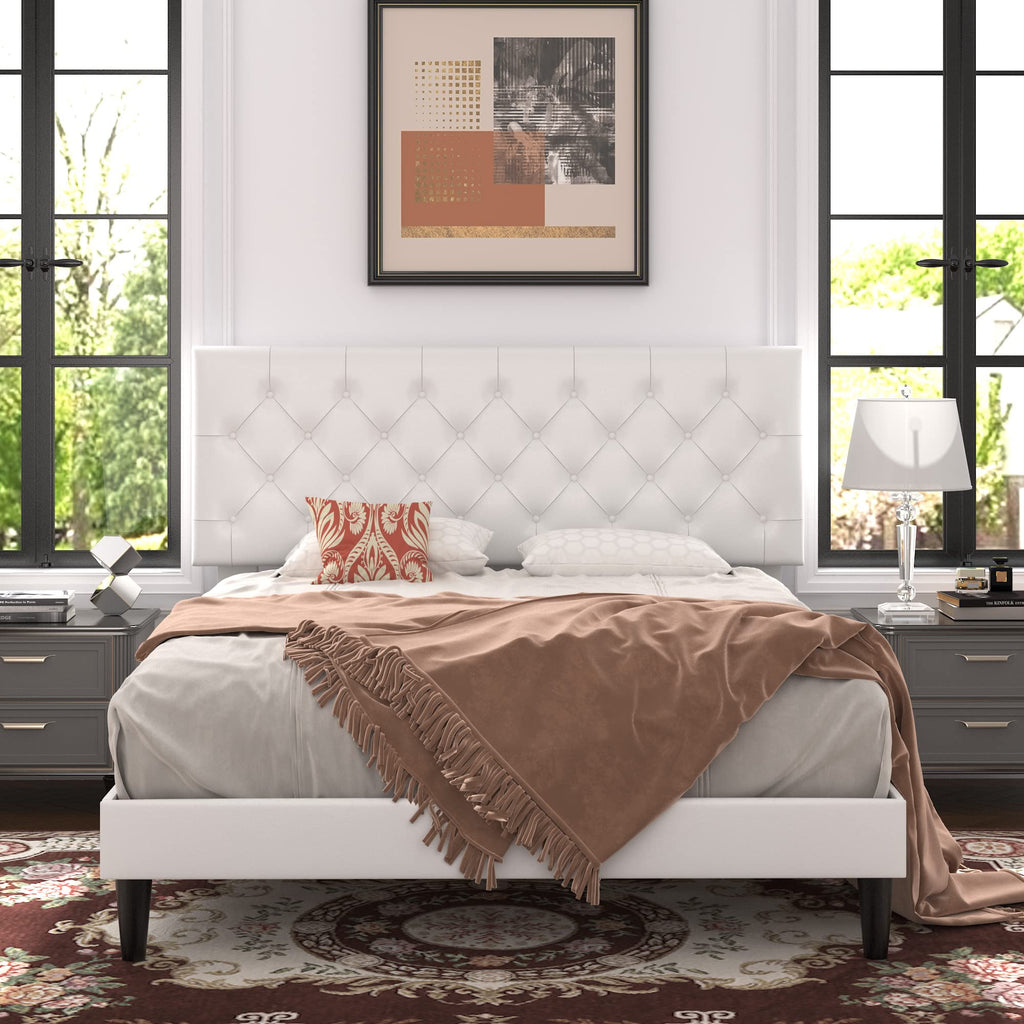 Queen Size Platform Bed Frame with Faux Leather Headboard G680682