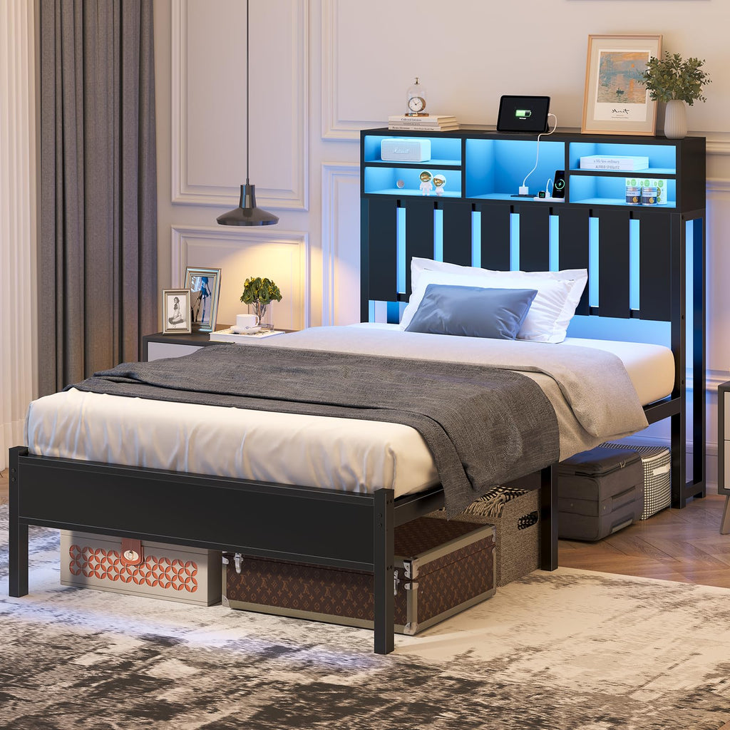 Twin Size Bed Frame with Storage Headboard and LED Lights P786