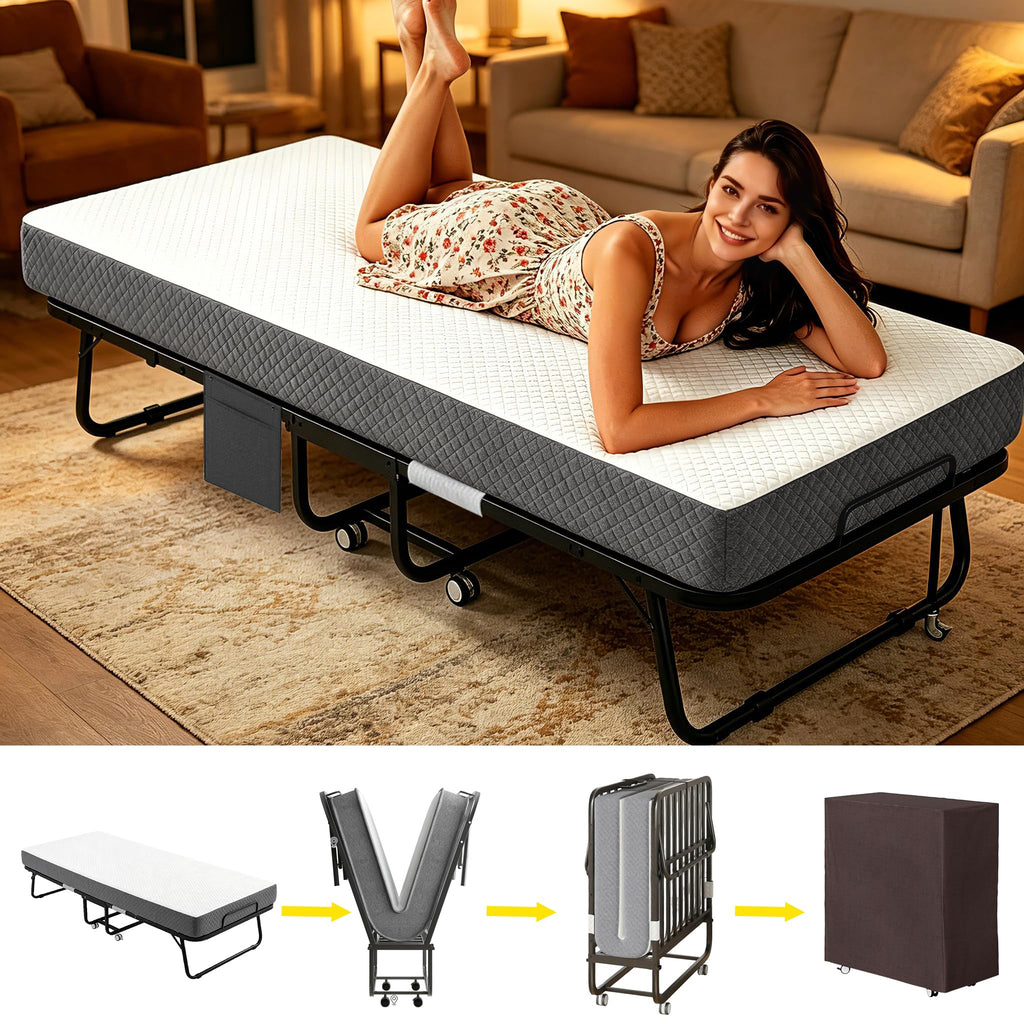 Folding Rollaway Guest Bed with 5" Memory Foam Mattress, Twin Size F7602