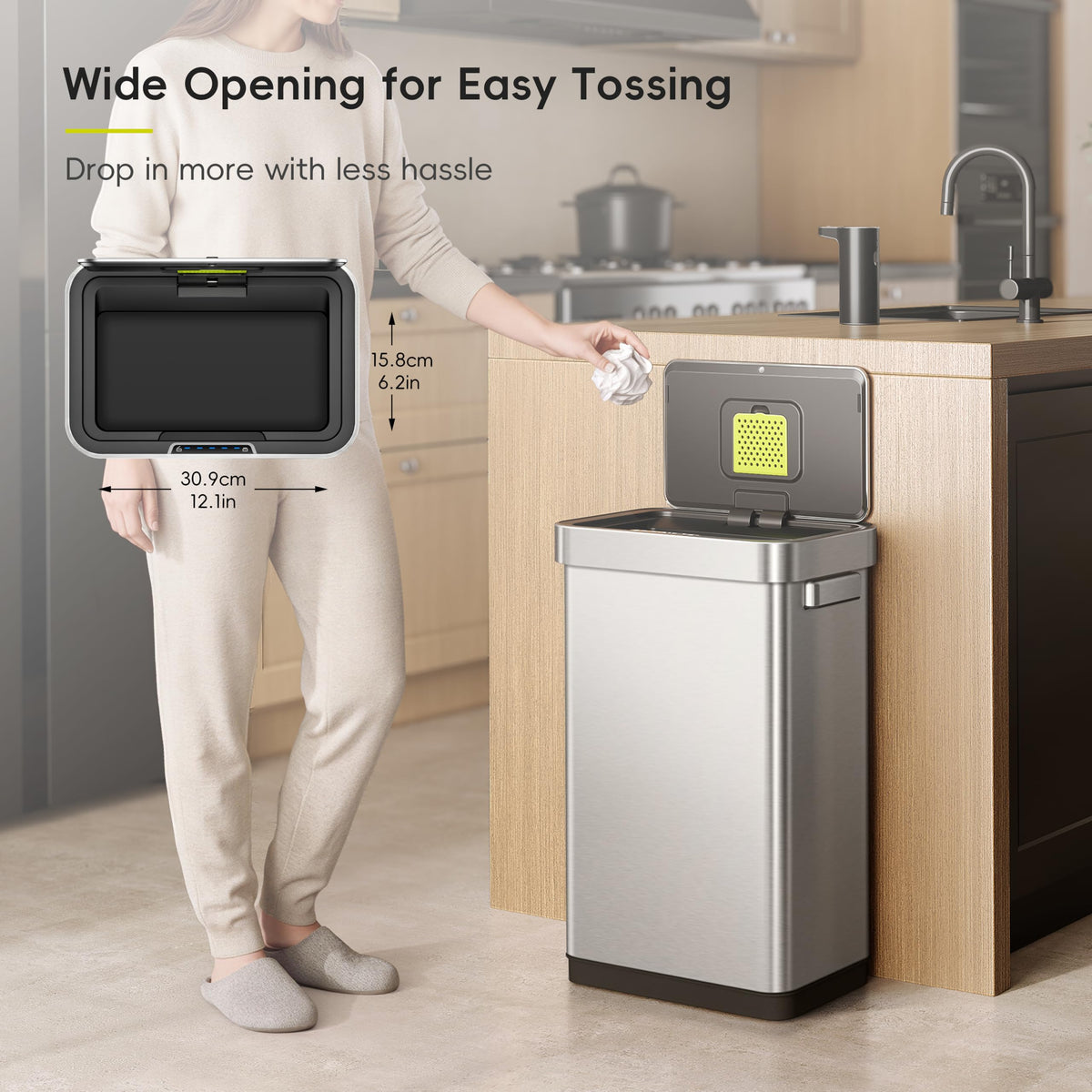 50 Liter Touchless Rectangular Motion Sensor Trash Can, Matte Stainless Steel P82223