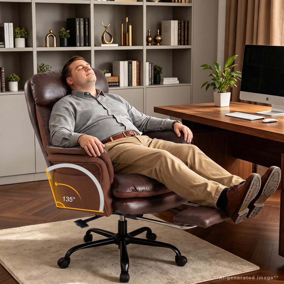600lbs Big and Tall Brown Leather Office Chair with Footrest H189467