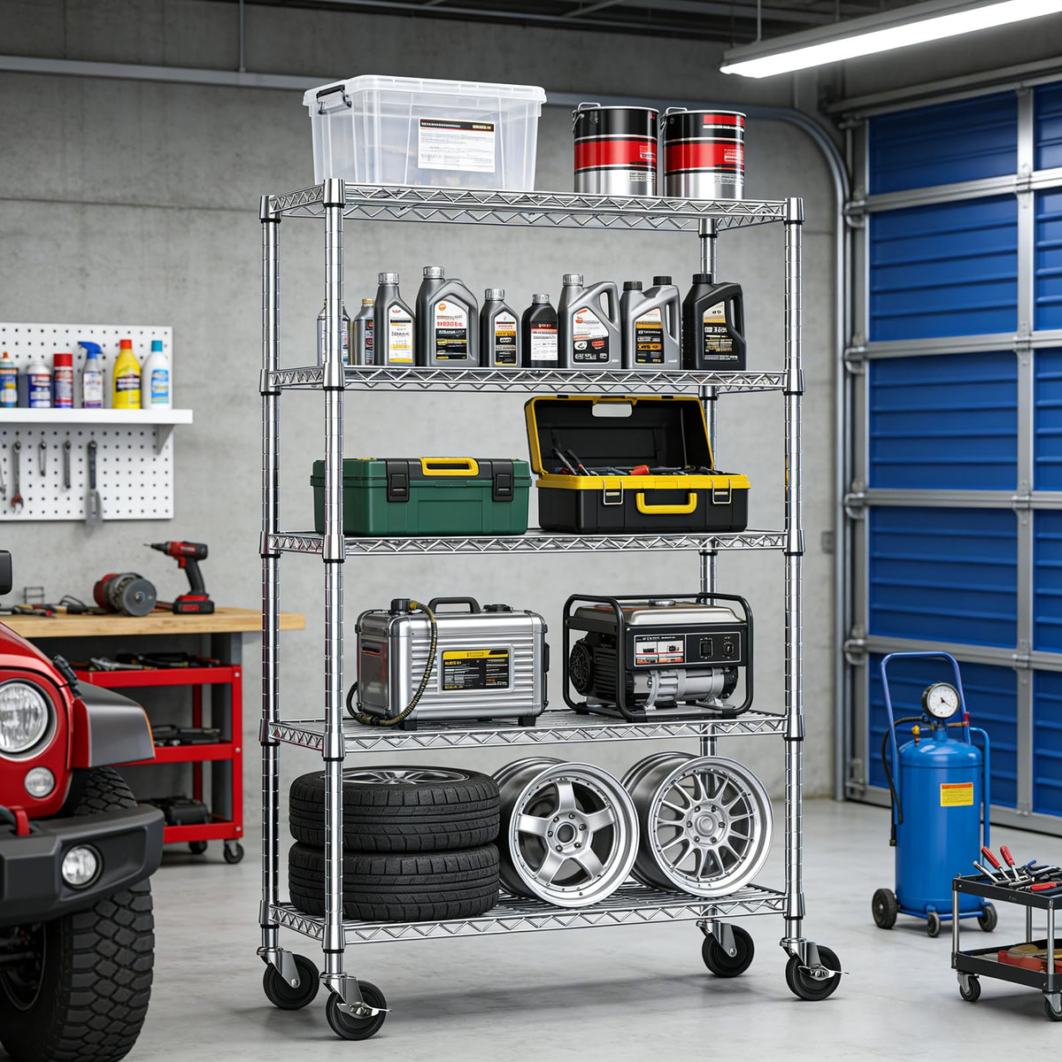 5-Tier Adjustable Steel Wire Shelving Unit with Wheels C7694
