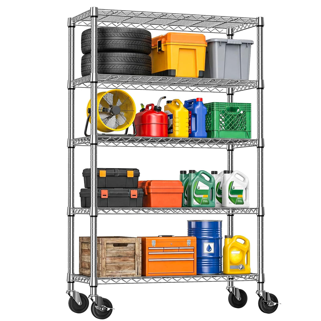 5-Tier Adjustable Steel Wire Shelving Unit with Wheels C7694
