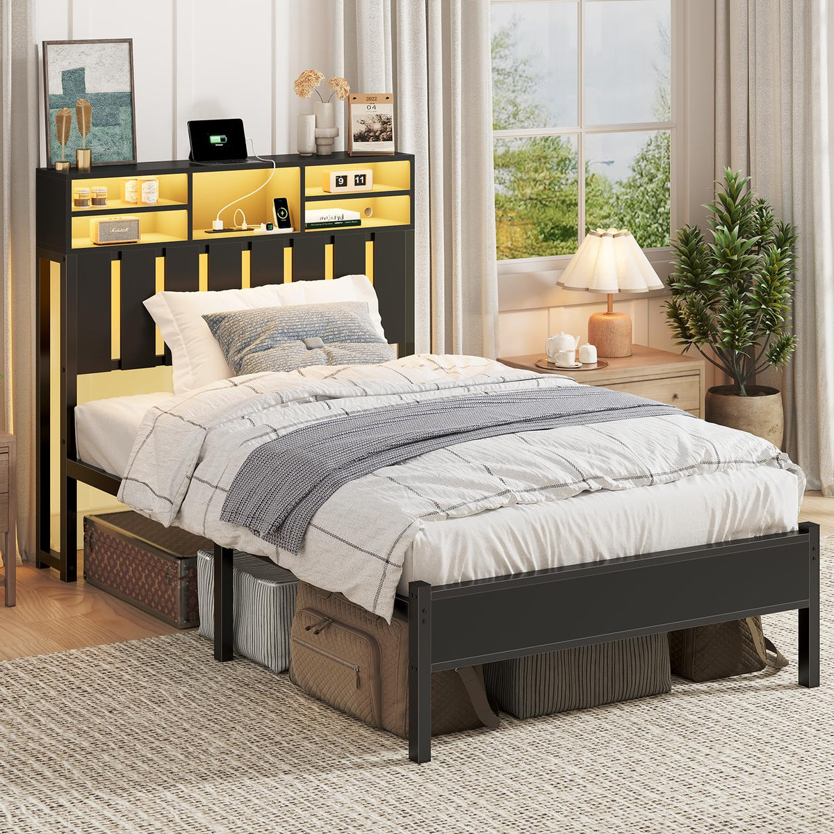Twin Size Bed Frame with Storage Headboard and LED Lights P786