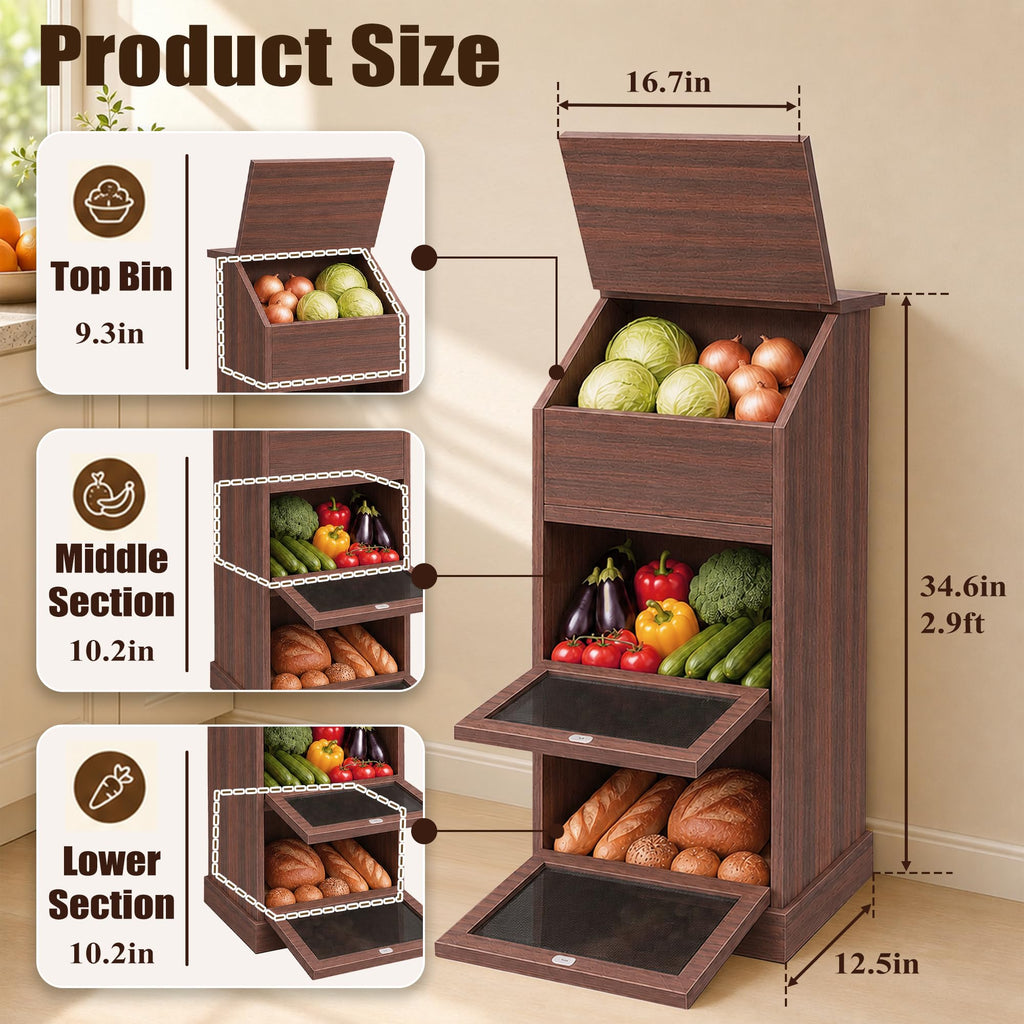 3-Tier Wooden Potato and Onion Storage Bin with Lid C275607