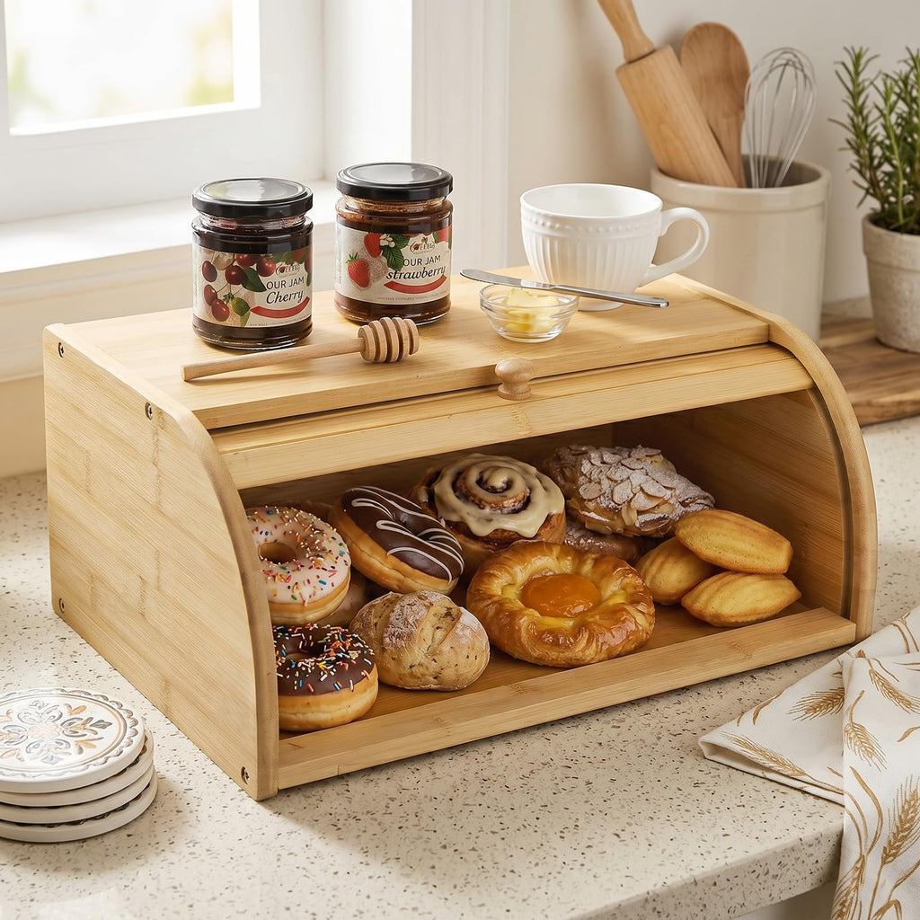 Large Natural Bamboo Roll Top Bread Box A7905