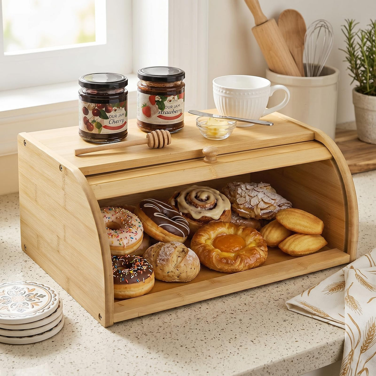Large Natural Bamboo Roll Top Bread Box A7905