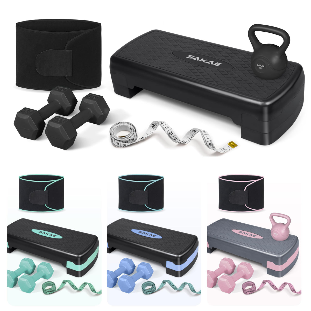 Adjustable Aerobic Stepper Kit with Dumbbells & Kettlebell & Weightlifting Belt & Measuring Tape R113866