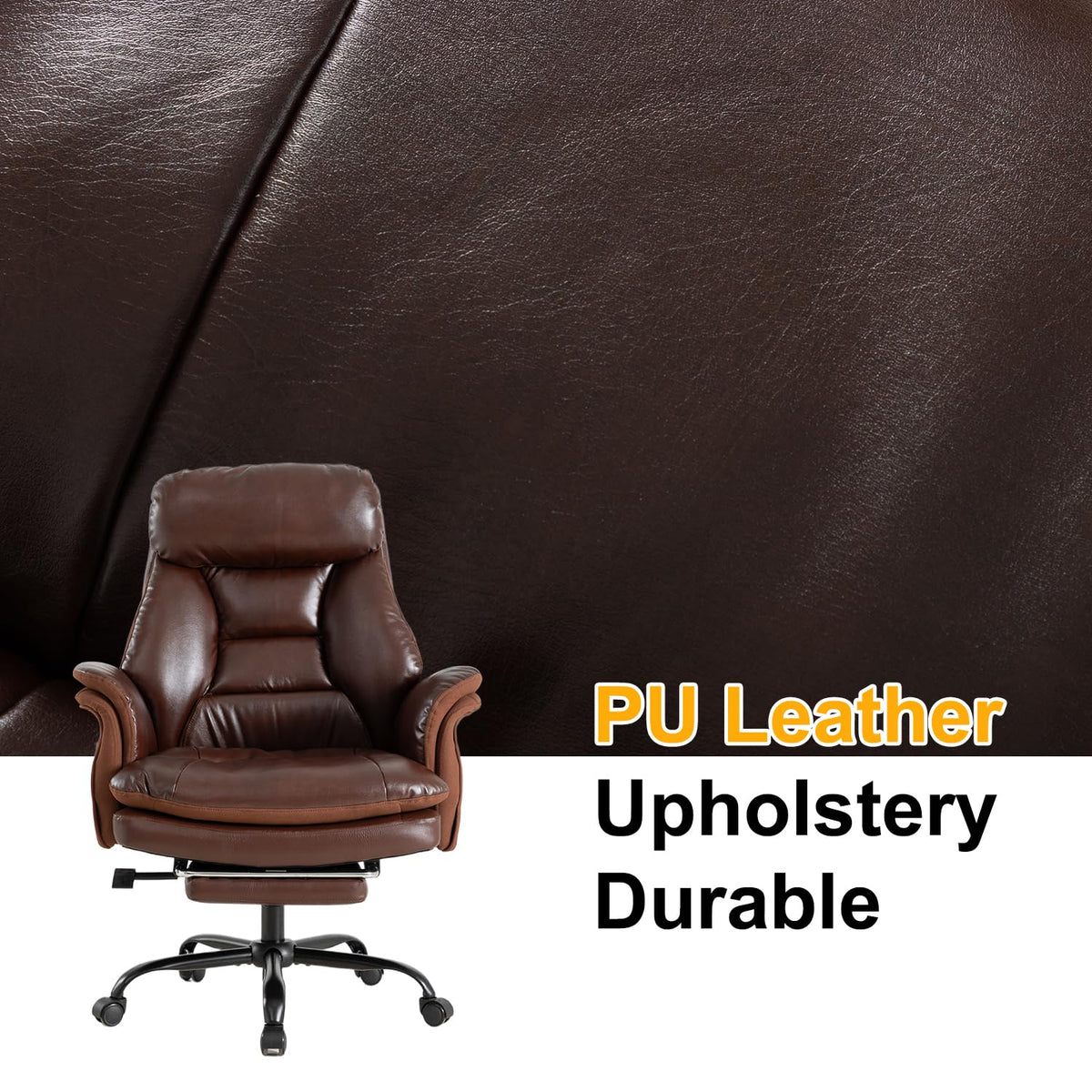 600lbs Big and Tall Brown Leather Office Chair with Footrest H189467