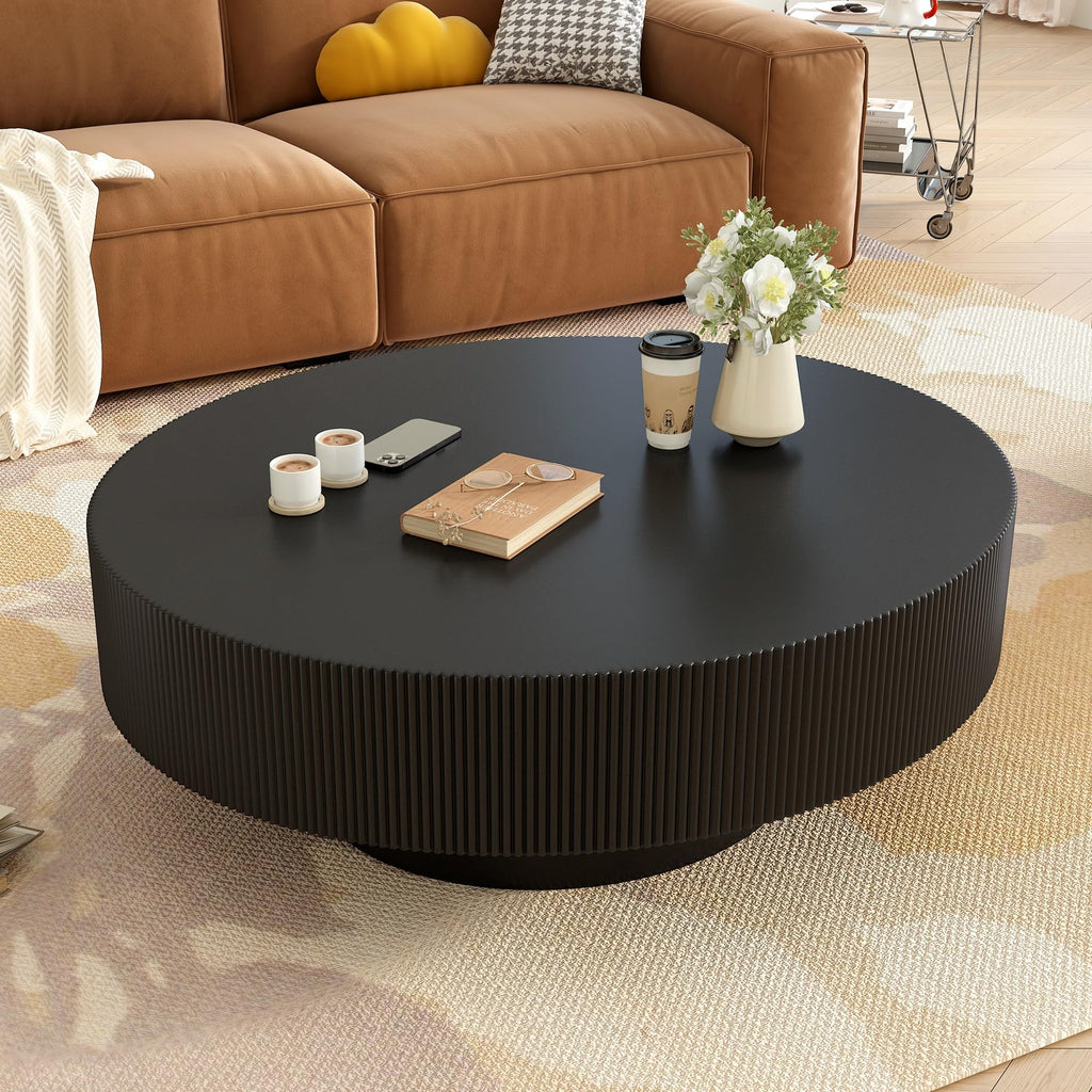 Round Coffee Table, 31.5" Fluted Pedestal Wood Table, Black R47204