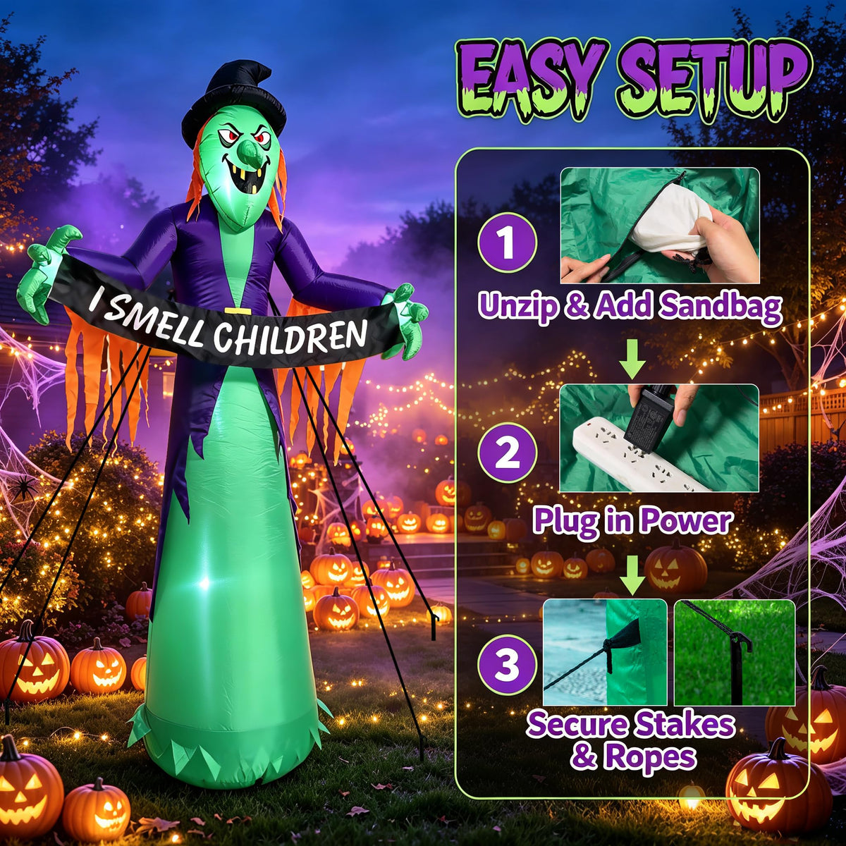 8FT Inflatable Witch Halloween Decoration with Built-in LED Lights B223724