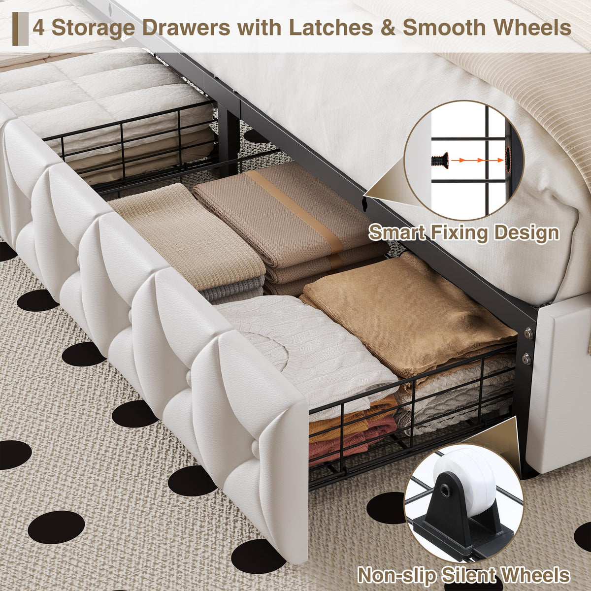 White Full Size LED Bed Frame with 4 Storage Drawers and Adjustable Headboard A4045